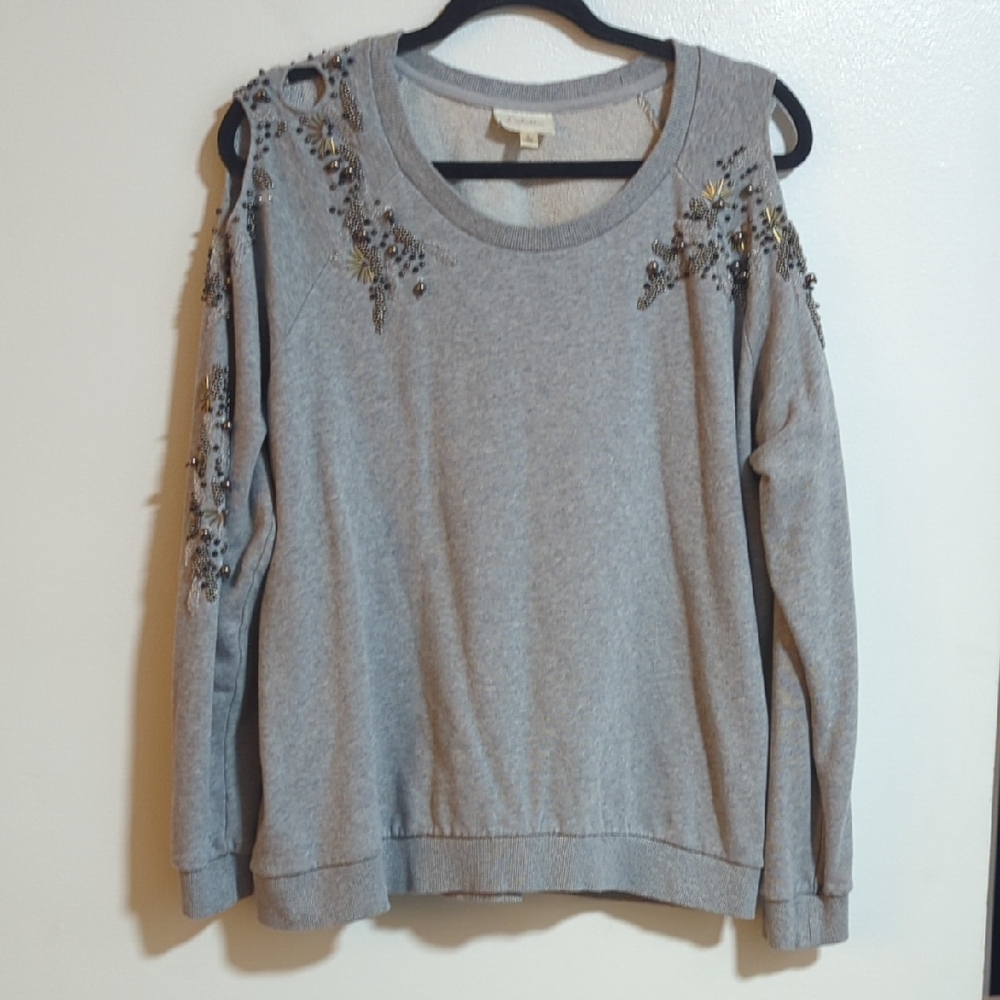 Anthro Deletta Gray Cold Shoulder Beaded Round Neck Pullover Sweater Large